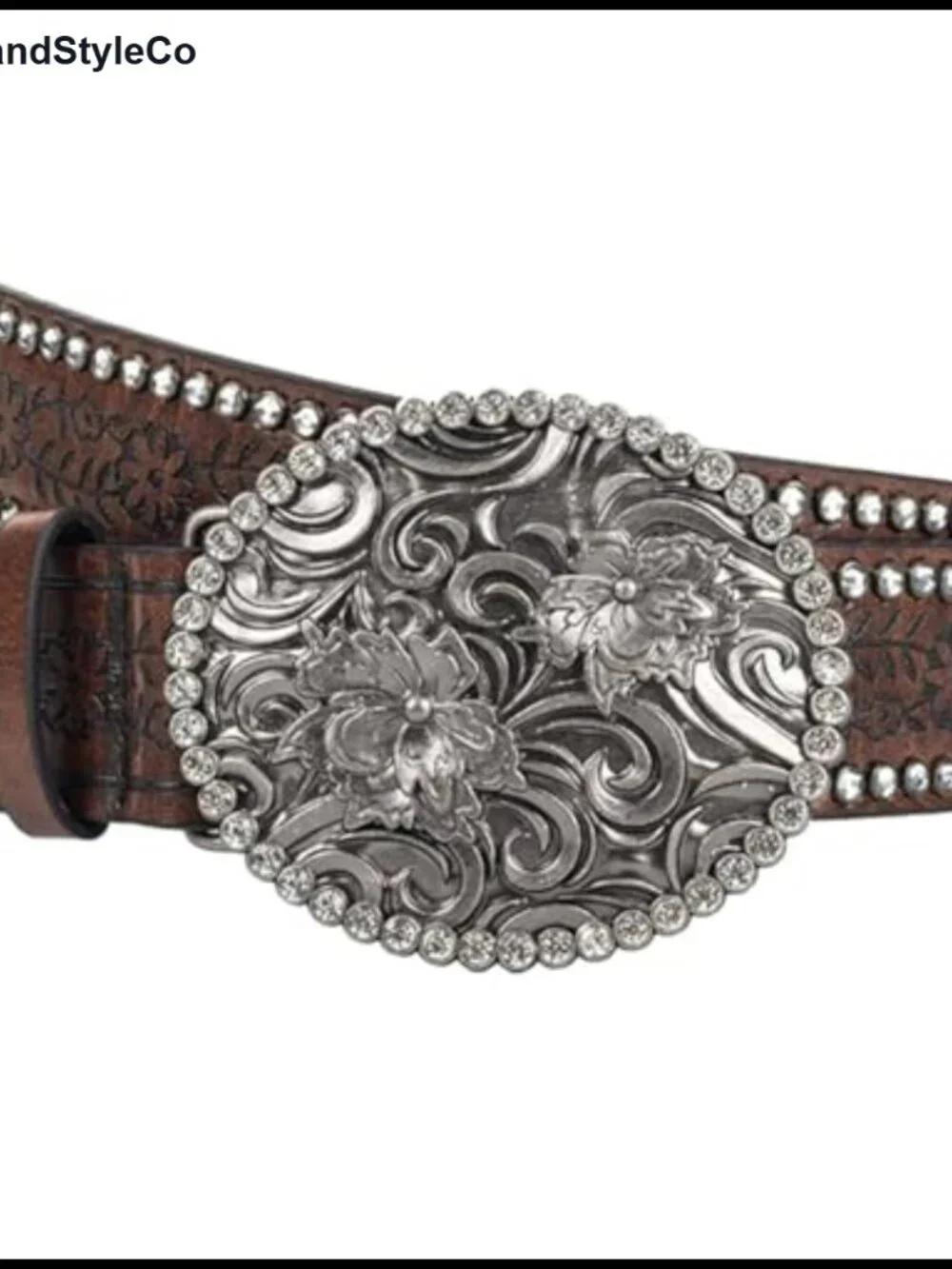 Western Cowboy Leather Belt with Rhinestone Oval Buckle for Women - Embossed PU